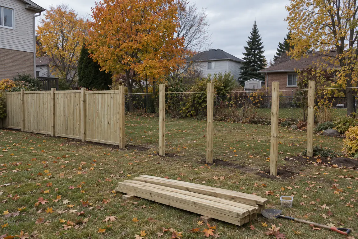 A wooden privacy fence being built in a backyard, with new posts set and lumber stacked on the grass in autumn.