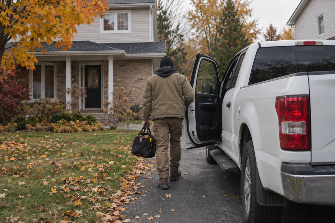 A worker with a tool bag walks up a driveway toward a house on an autumn day.